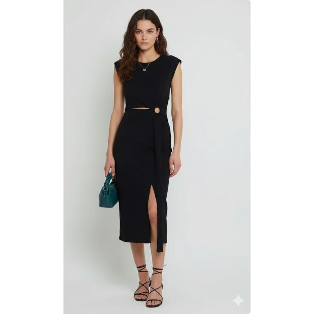 Kourt Cut Out Gathered Ring Midi Dress Black Short Sleeve Womens Size Medium New